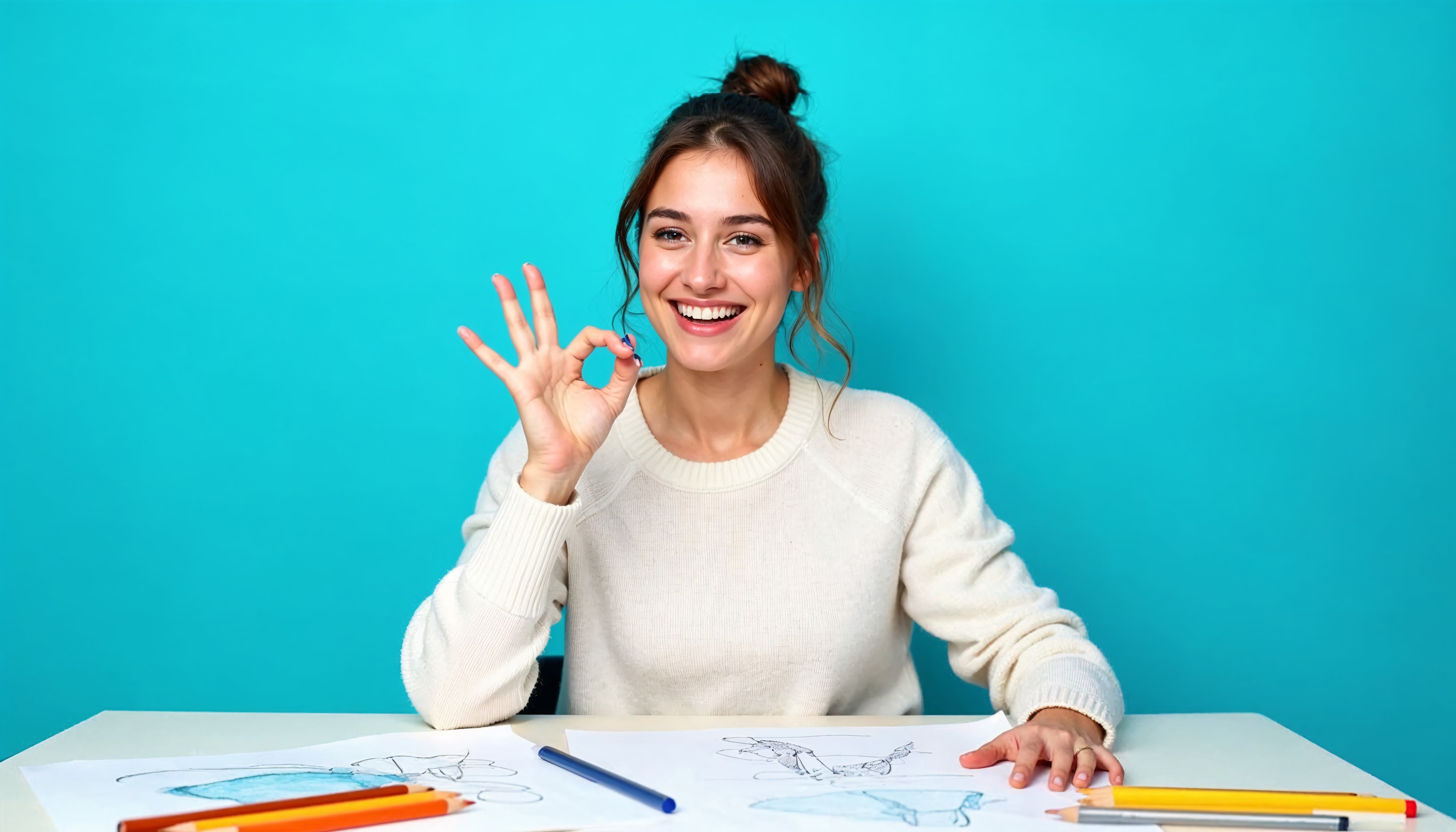 Smiling teacher giving an okay sign at her desk with colored pencils